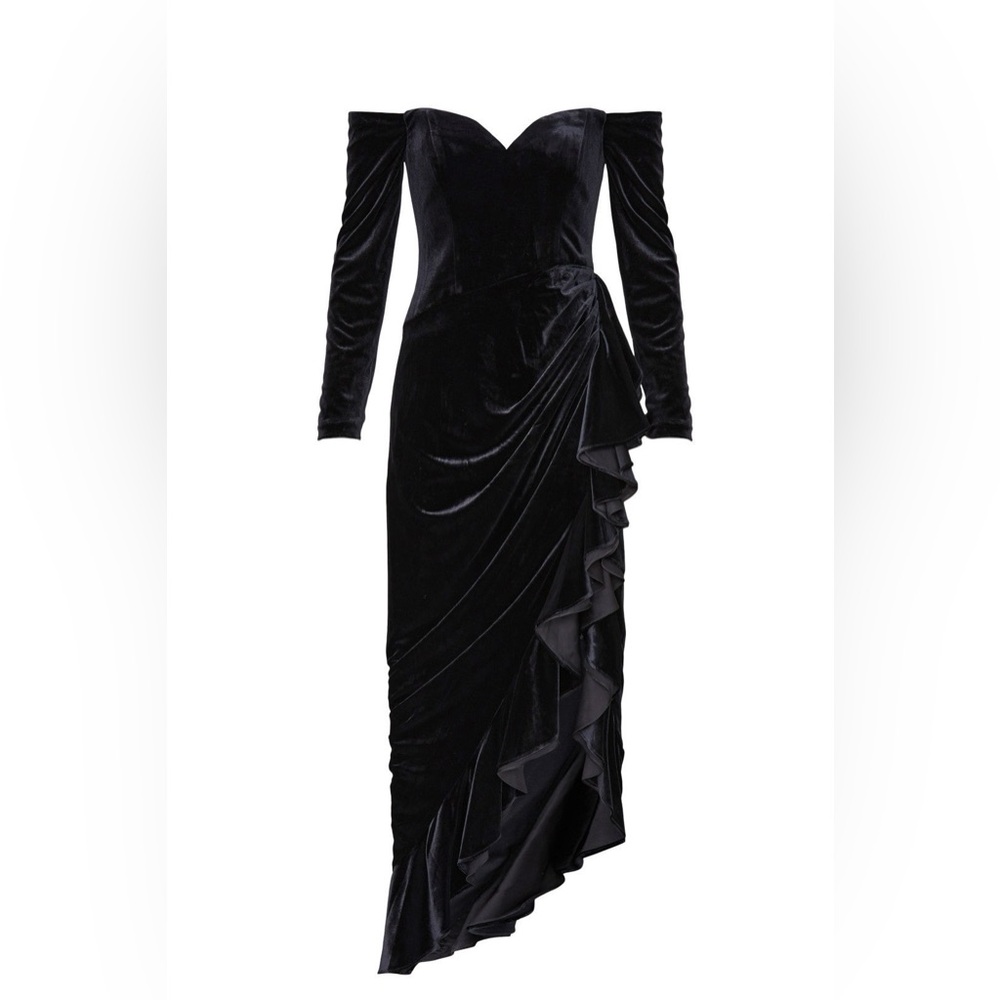 Badgley Mischka Draped Velvet Ruffle Gown, 4 - Picture 4 of 17